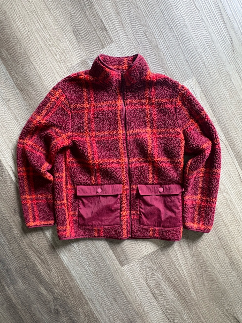 Cat & Jack Kids L 10/12 Plaid Sherpa Fleece Jacket Full Zip Maroon Orange